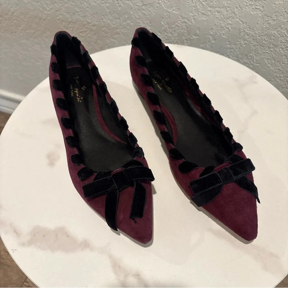 kate spade Burgundy Suede Pointed-Toe Flats with Black Ribbon Trim